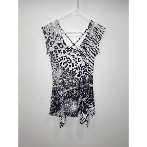 Vintage Black White Multi Animla Print Ruffled Flowy Long Top Y2k, 90s Grudge,Wh - Picture 10 of 10